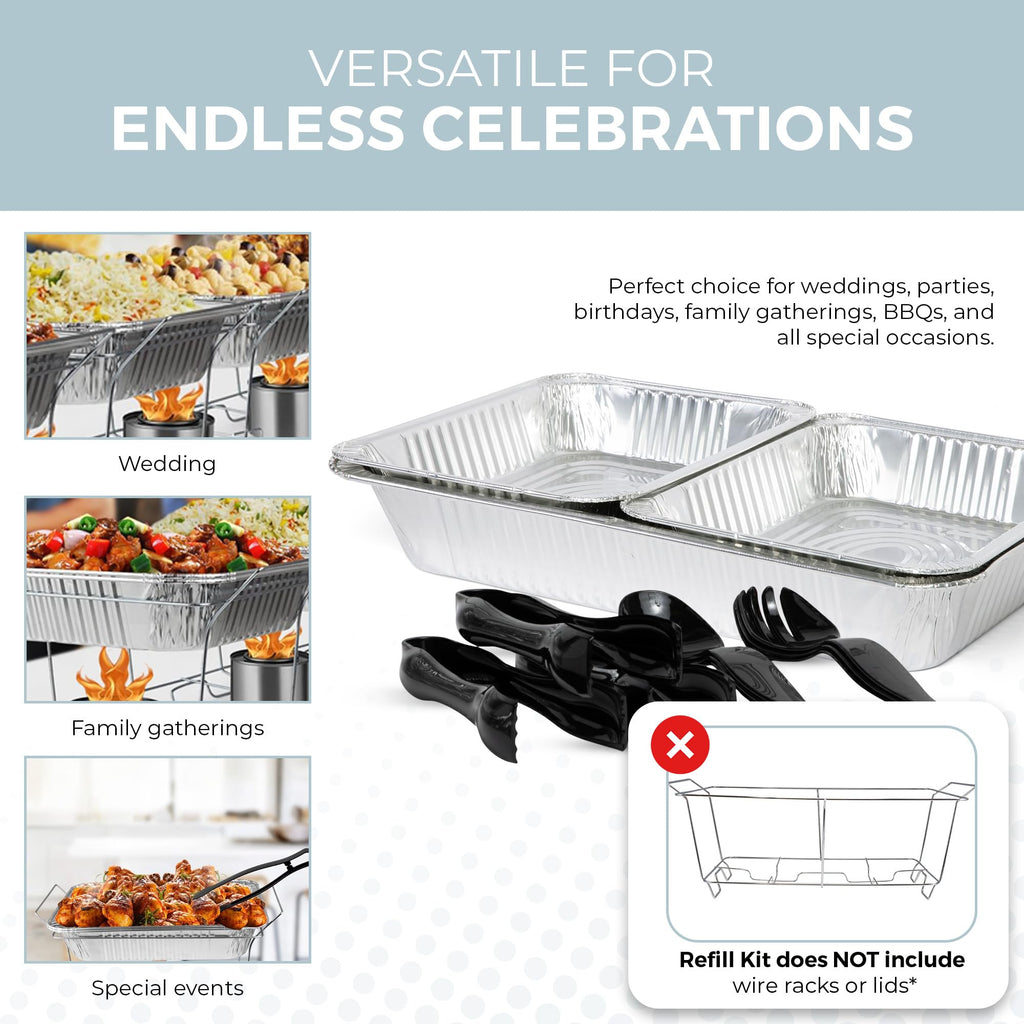 Large Full Size Refill Kit Disposable Chafing Buffet with - Utensils, Fuel Cans Only - Premium Chafing Dish Set for