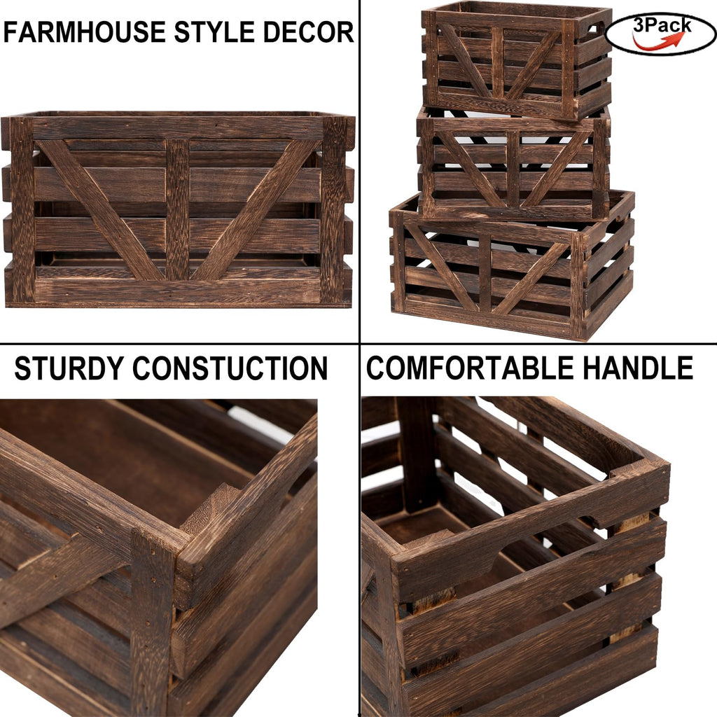 Nested Wooden Storage Crates Set of 3 (L, M, S), Rustic Wood Crate for Storage