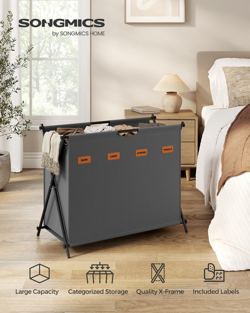 Laundry Hamper, 155L, 4 Sections, Collapsible X-Frame