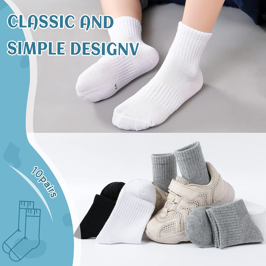 Kids Athletic Crew Socks Boys Girls Classics Cotton School Uniform Childs Sports Breathable Casual Socks 10 Pairs