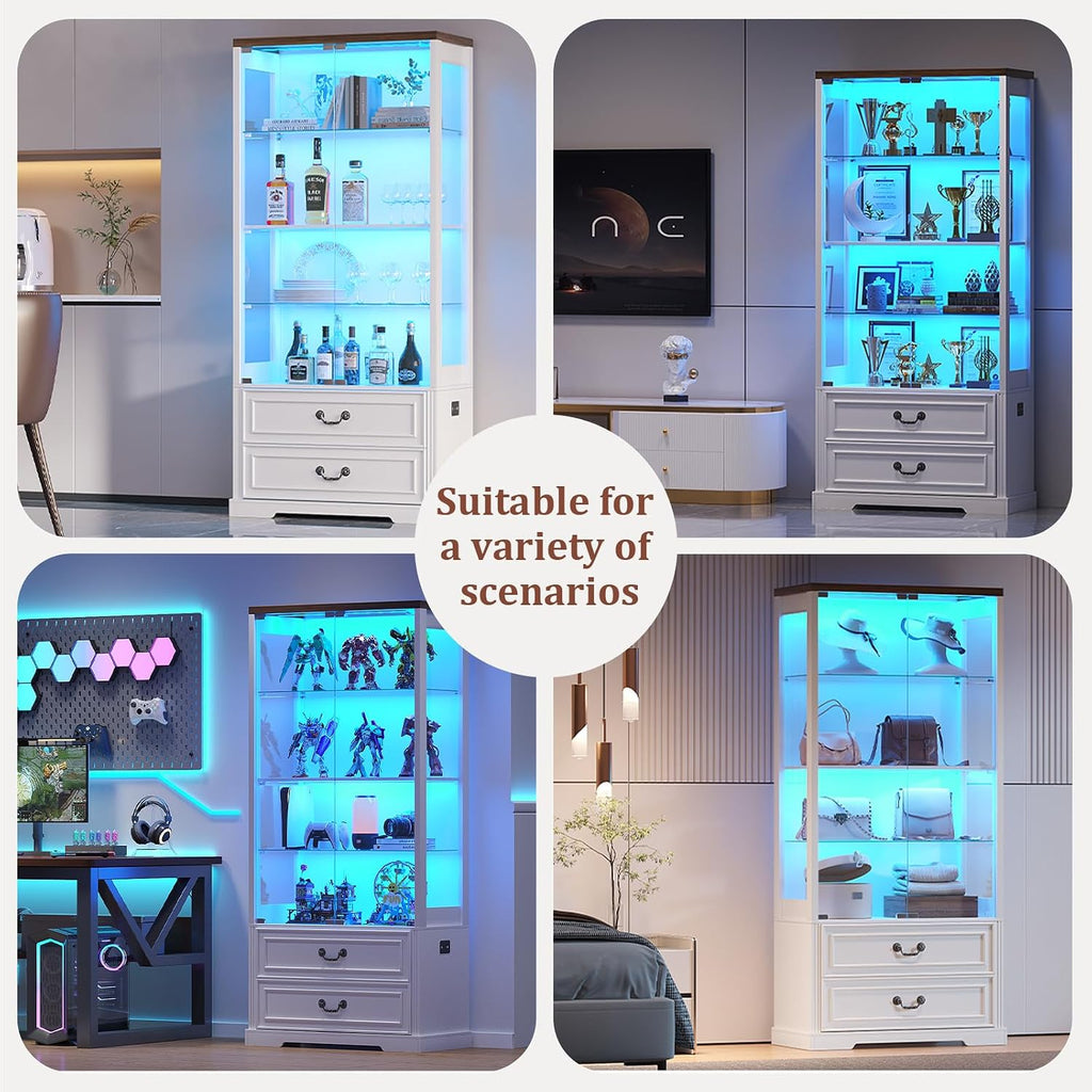 67" Tall Display Cabinet with Glass Doors and 2 Drawers, White | Curio Cabinet with LED Lights, Human Sensor, Display