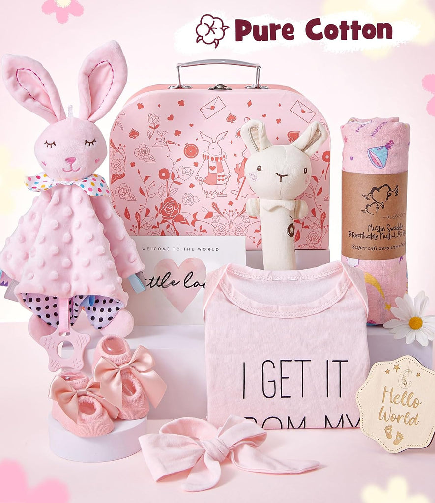 Baby Shower Gifts for Girls, Baby Girl Gifts Baskets with Rattle, Blanket/Bodysuit Set, New Born Essential Stuff