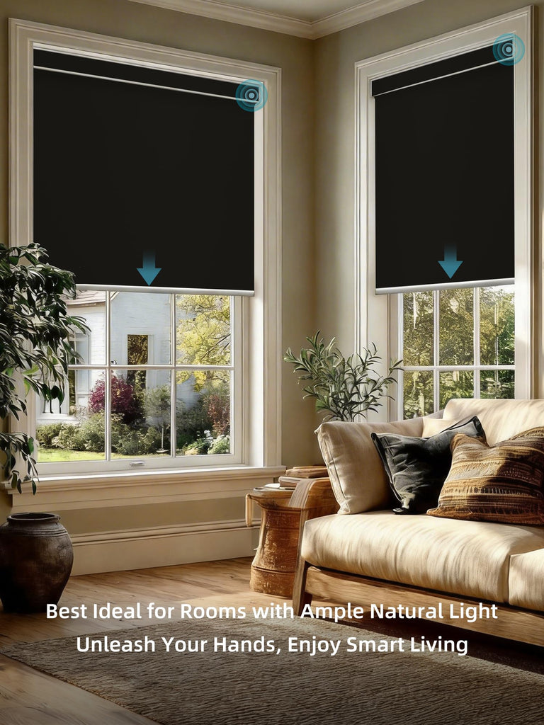Motorized Smart Roller Shades, 100% Blackout Vinyl Black