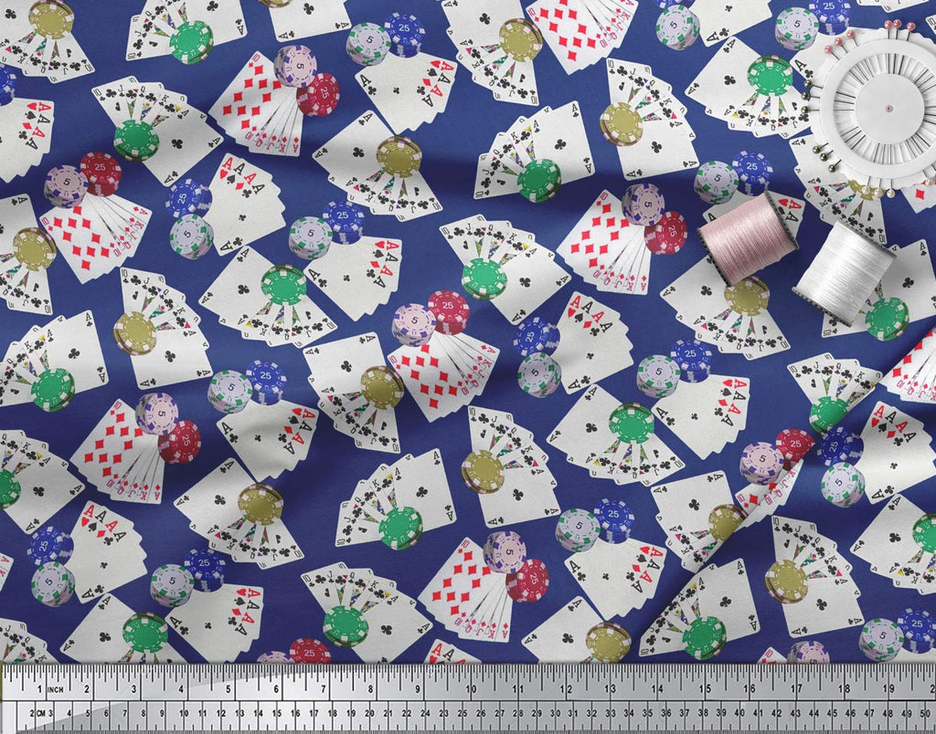 58 Inches Wide Cotton Poplin Fabric Poker Card Print Sewing Material by The Yard-Blue