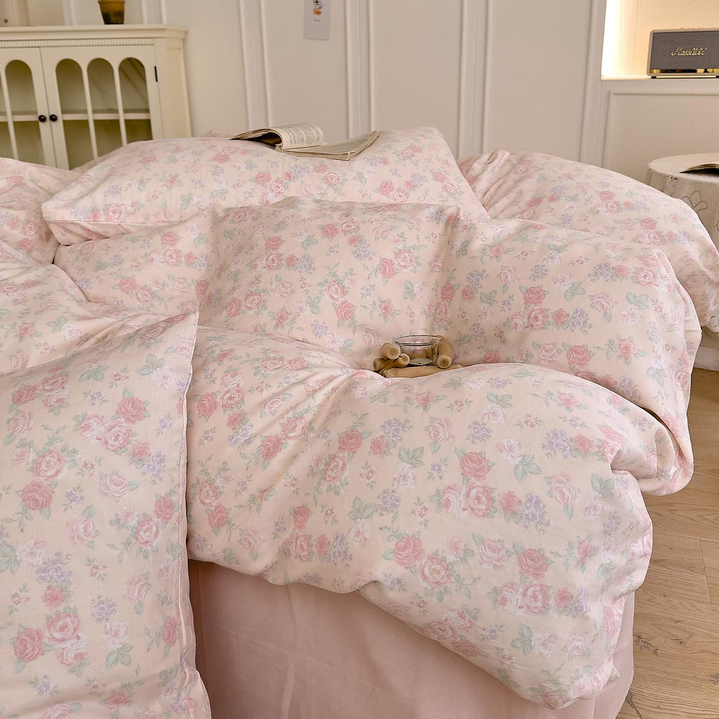 Vintage Floral Duvet Cover Set, Pink Flower Coquette Duvet Cover Muslin Cotton Gauze Bedding Set, Cottagecore