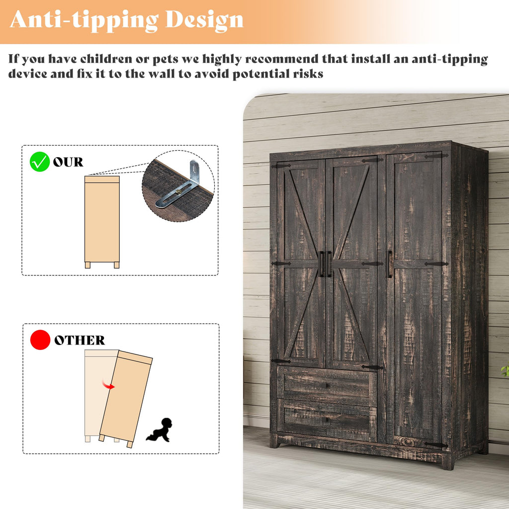 Farmhouse 3 Door Wardrobe Closet with 2 Drawers & Hanging Rod