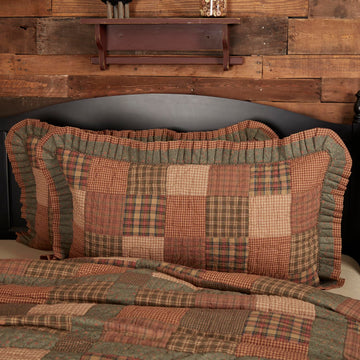 Primitive Bedding Cinnamon Plaid Cotton Hand Quilted Patchwork King Sham, Dark Olive Green