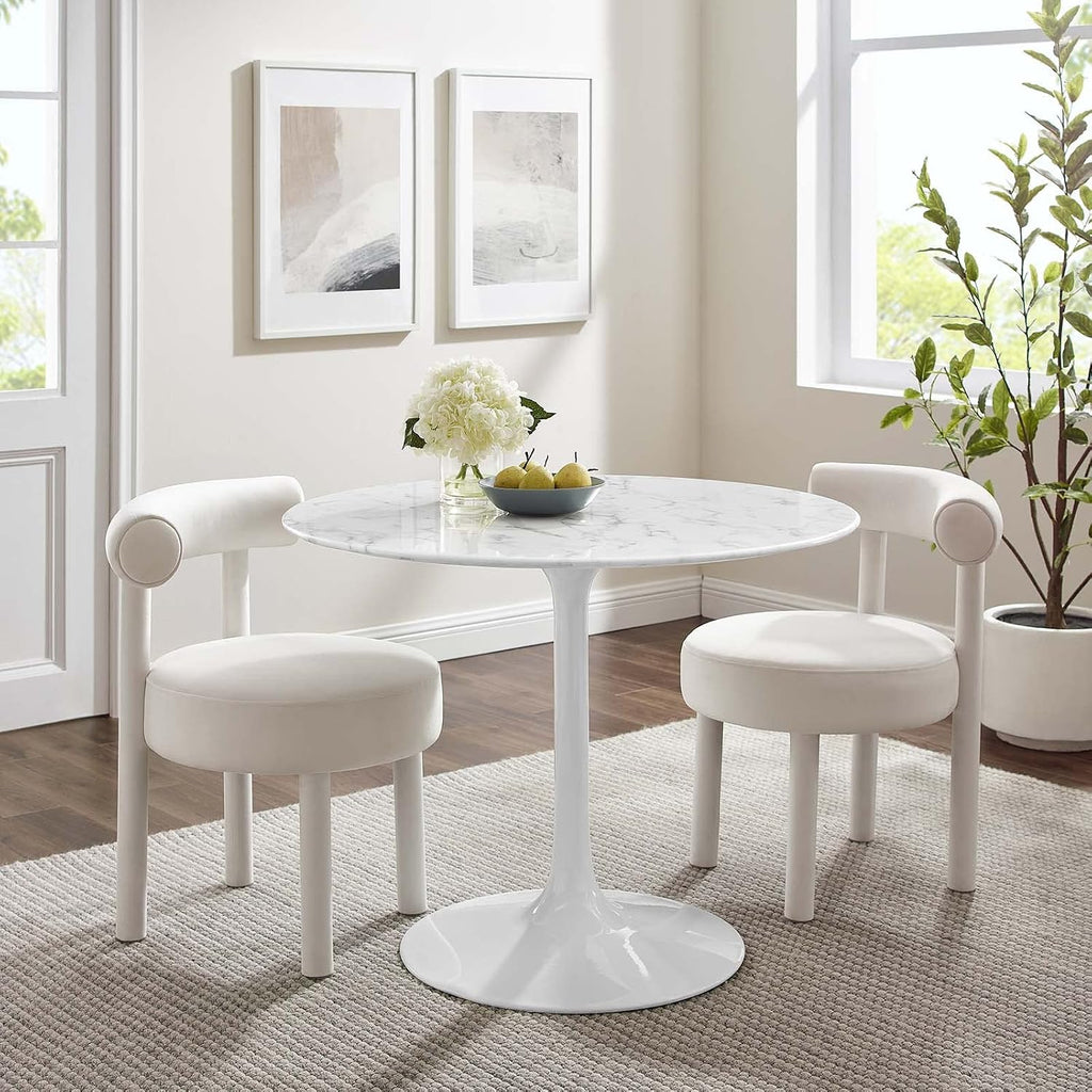 Inspired Saarinen Style Tulip Round Pedestal Dining Table — White Base / Artificial Marble Top, 40″ Round