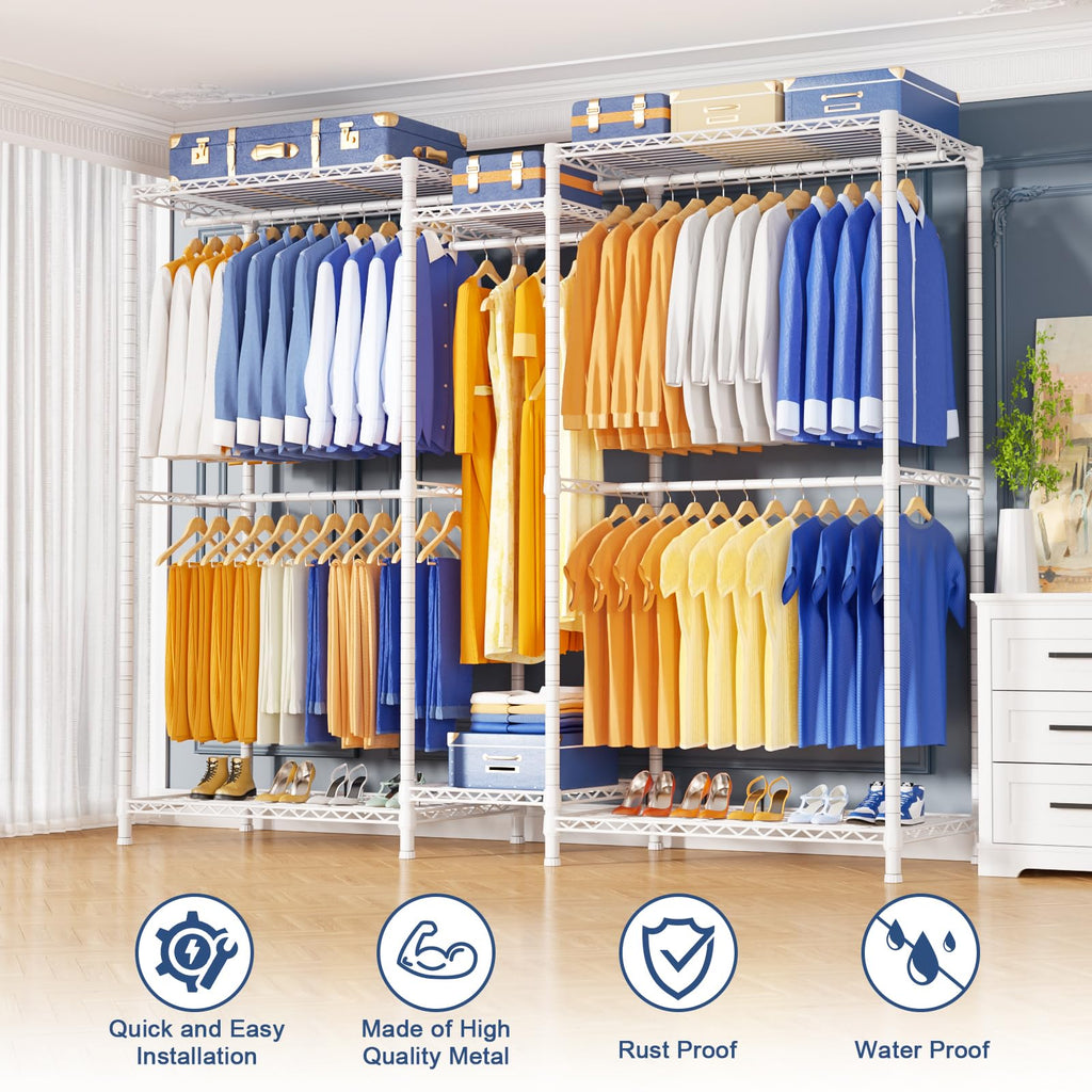 E12 Pro Clothes Rack, Heavy Duty Freestanding Garment Rack with Shelves, Metal Clothing Closet Storage System for