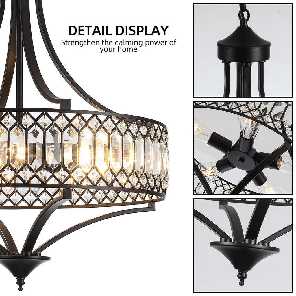 20" Black Crystal Chandeliers, 5-Light Modern Farmhouse Round Crystal Chandelier Light Fixture, Adjustable Height