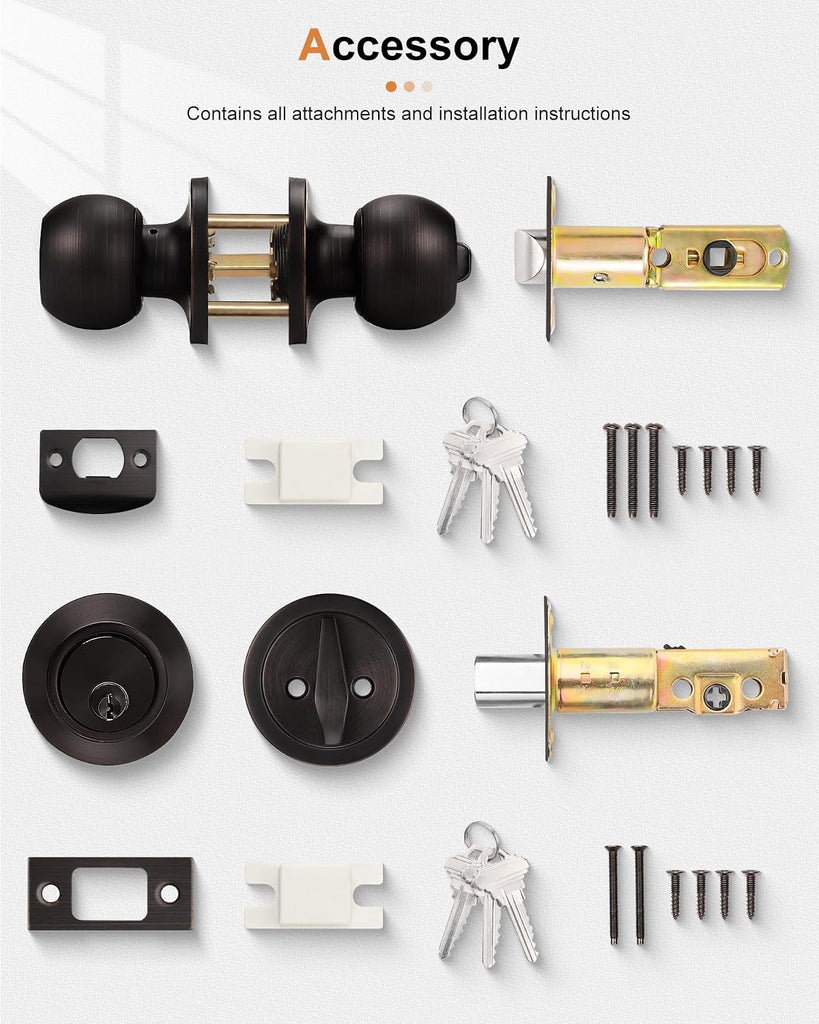 Keyed Alike Entry Knobs and Single Cylinder Deadbolt Lockset, Front Door Lock Set Exterior Door Knob with Deadbolt