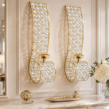 Crystal Wall Candle Sconces Gold Tealight Candle Holder for Wall Bead Metal Candle Centerpiece Décor for Party