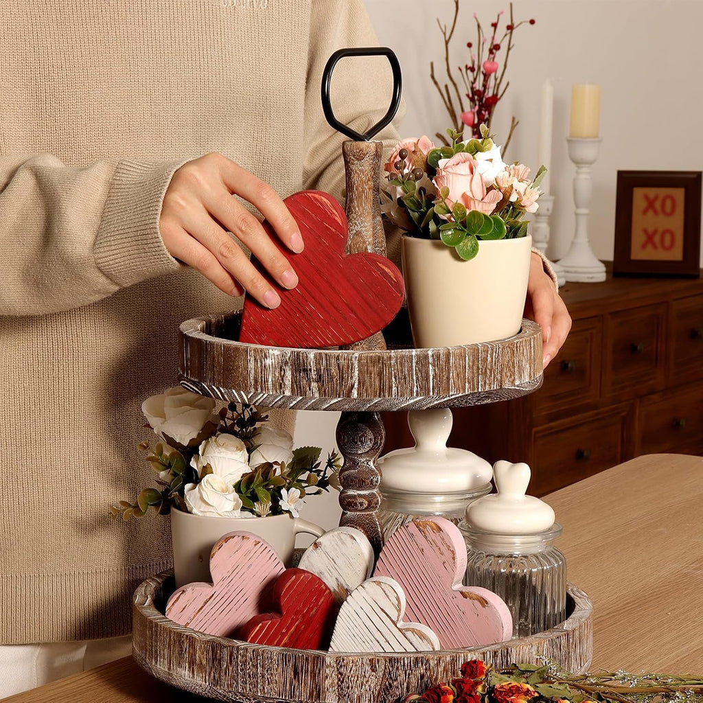 Valentines Day Tiered Tray Decor: Red Pink White Rustic Distressed Wood Heart Table Decorations Sign, Vintage - Set of 6