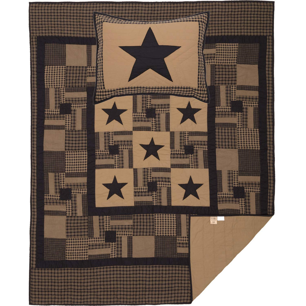 Black Check Star 2 Piece Quilt Set Country Rustic Primitive Design, Black and Tan