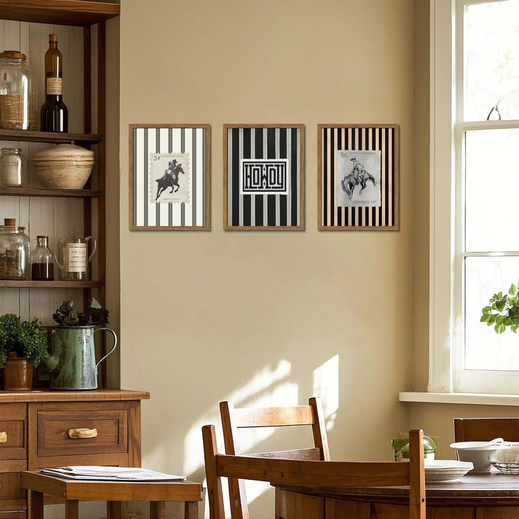 Framed Vintage Western Cowboy Wall Art Set of 3, Retro Cowboy Stamp and Stripe Prints, Classic Mid Century Riding