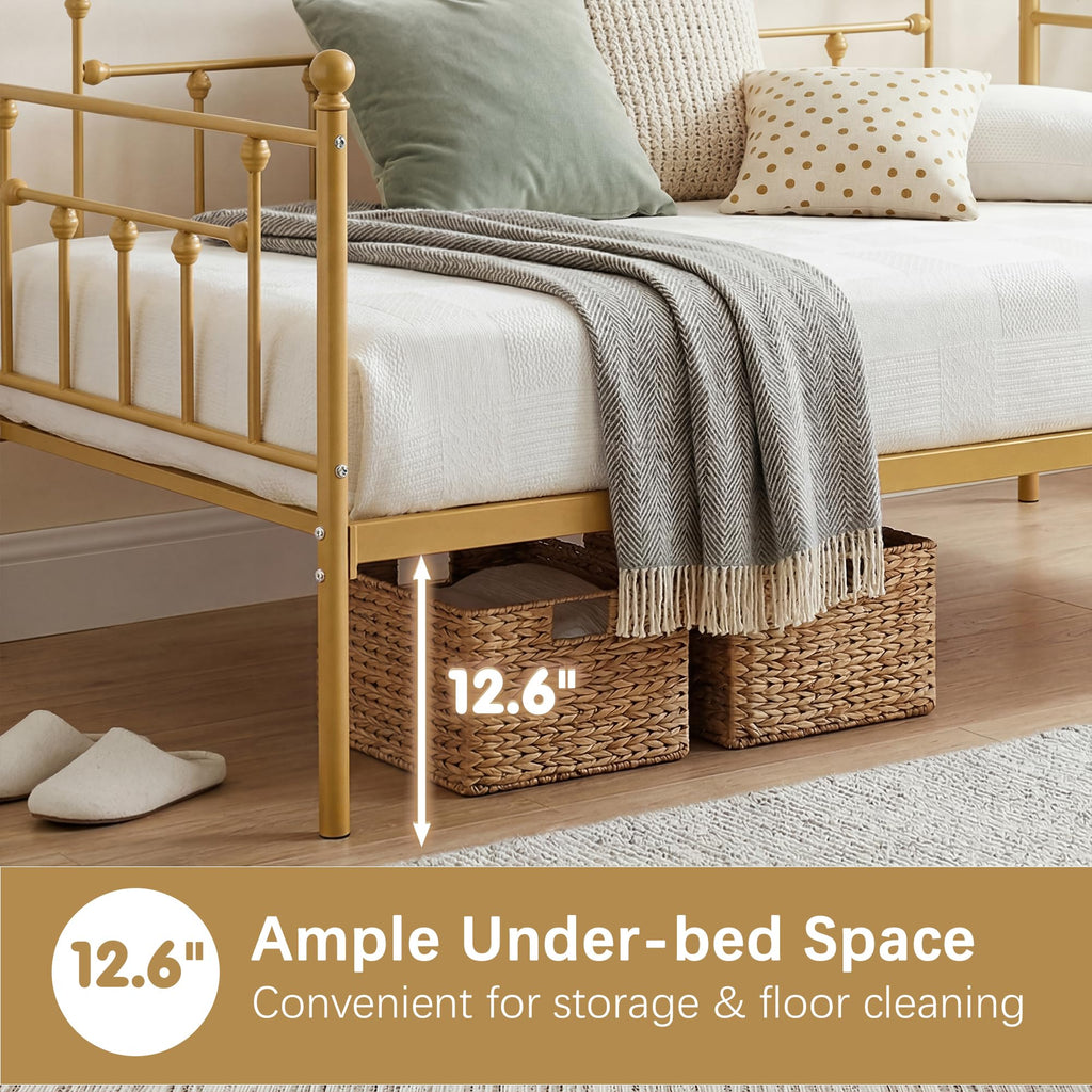 Twin Size Daybed Frame Metal Steel Slat Support with Headboard Sofa Bed Platform, Guest Room, Easy Assembly, Gold