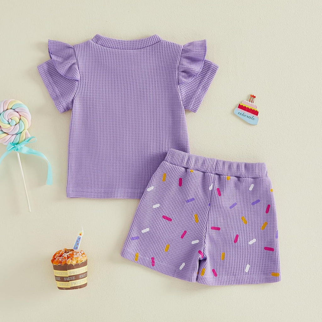 Toddler Baby Girl Birthday Outfit Donut Birthday Girl Shirt Ruffle Sleeve T-shirt Top Shorts Set Cute Summer Clothes