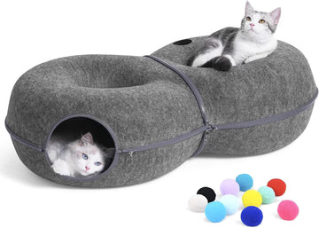 8-Shaped Large Cat Tunnel Bed for Indoor Cats, Infinite Circulation Peekaboo Cat Cave with 12 Toy Balls, Cat Donut
