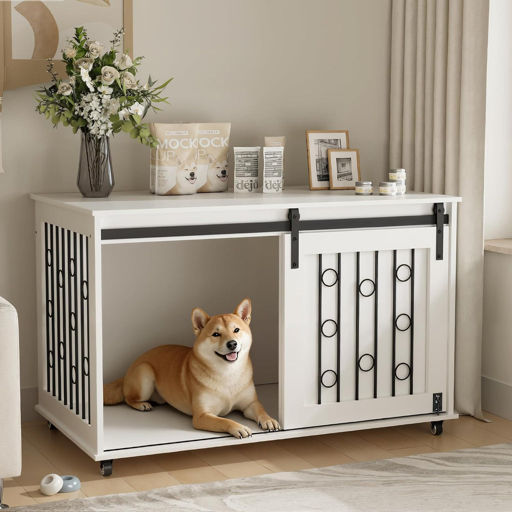 Dog Crate Furniture with Sliding Barn Door & Side Door, 39" Wooden Dog Kennel End Table for Small Medium Dogs, Indoor