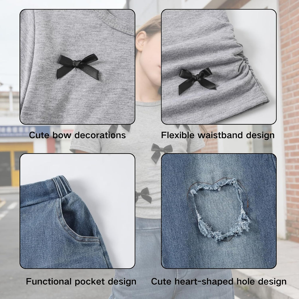 Girls 2 Piece Outfits Bow Short-Sleeved Top and Jeans Pants Clothing Set