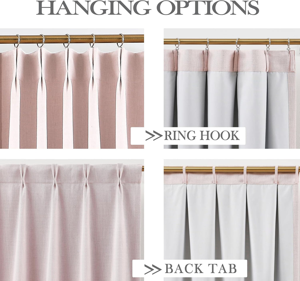 90 Inches Soft Pink Pinch Pleated Full Blackout Curtains Linen Blended Room Darkening Window Curtains for Living Room