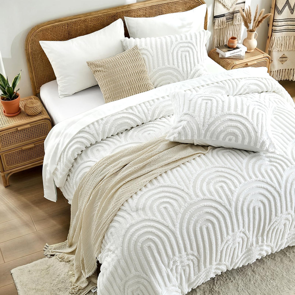 Boho Tufted Comforter Set, 7 Pieces White Bedding Sets