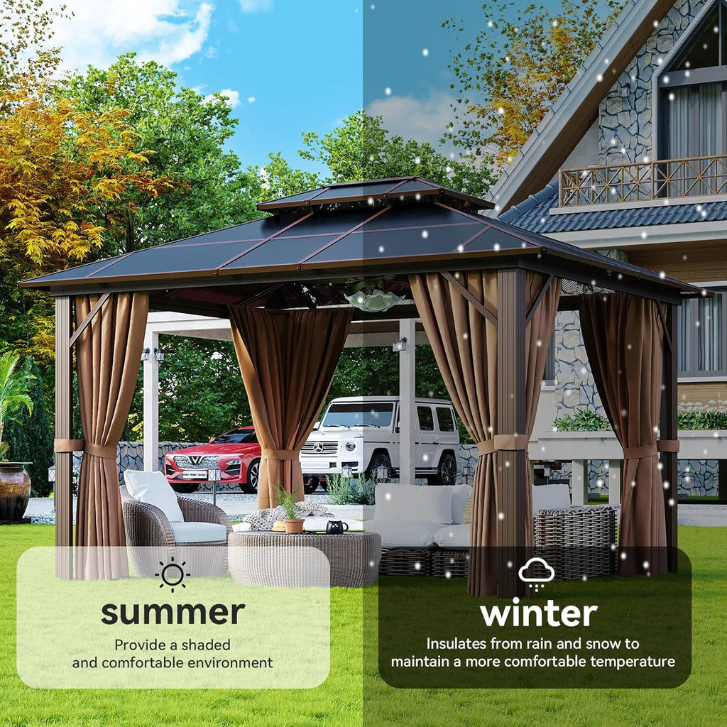 10'x12' Hardtop Gazebo, Metal Frame Permanent Pavilion with Light, Curtains and Netting, Outdoor Polycarbonate