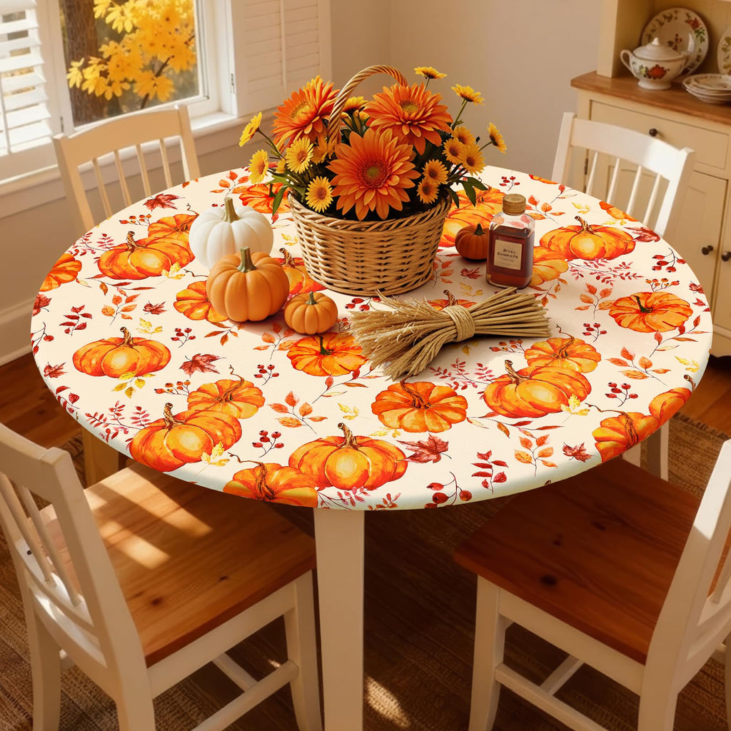 Thanksgiving Round Spandex Tablecloth, Fitted Cover for 45"-56" Table