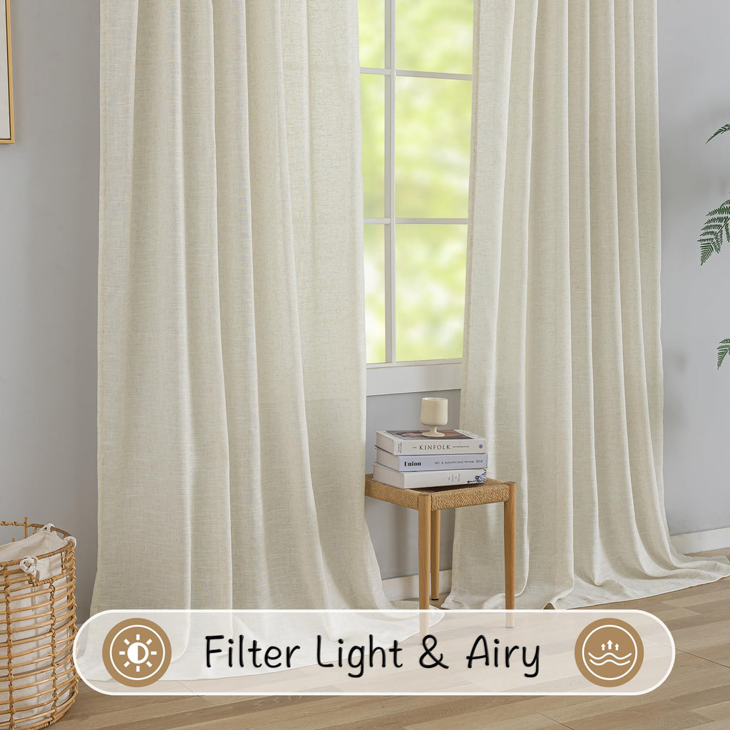 Natural Linen 144 Inch Length Curtains for Tall Floor Ceiling Villa Living Room -Cream Ivory Bak Tab Hooks Pleated