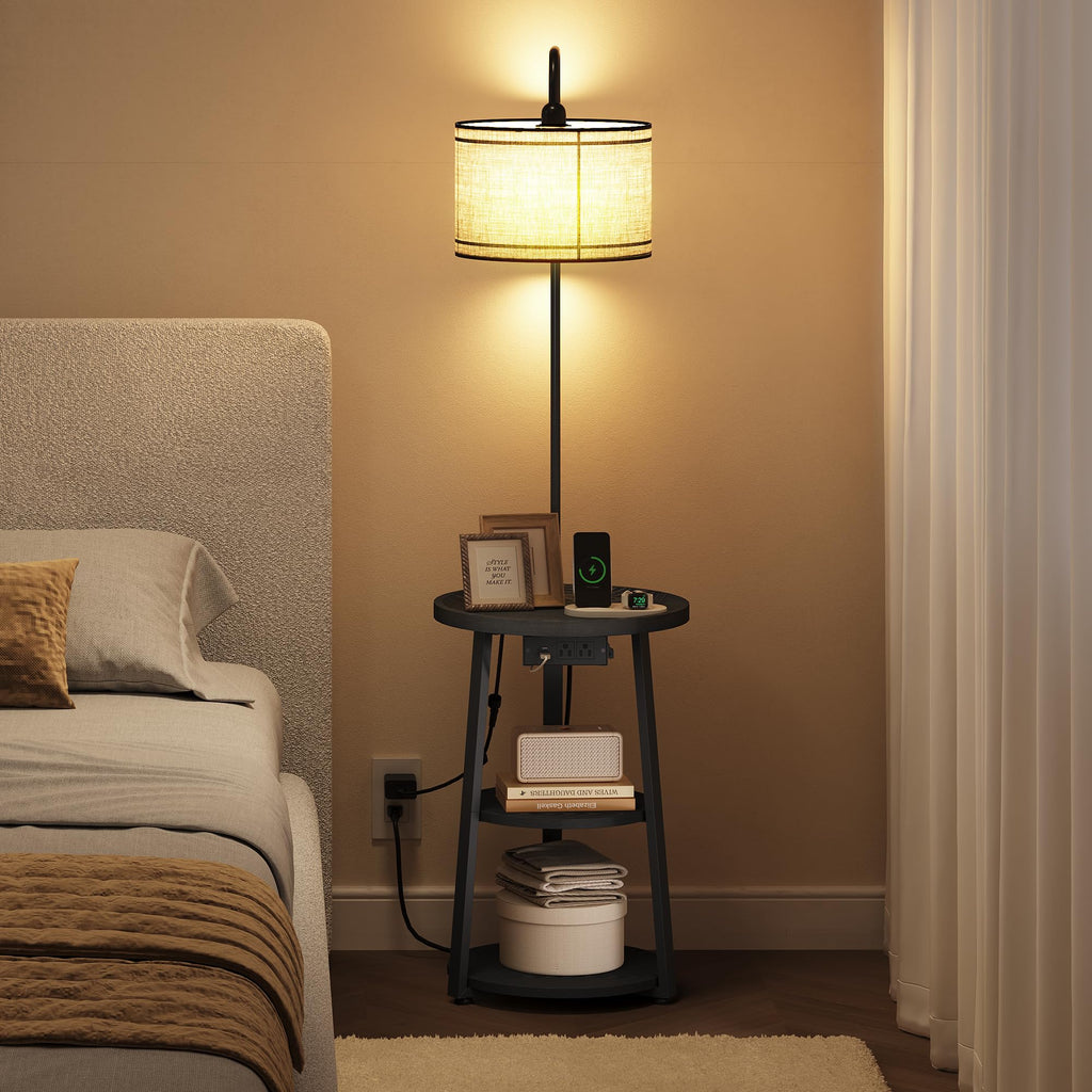 Floor Lamp with Table, Round Side Table with Charging Station Black