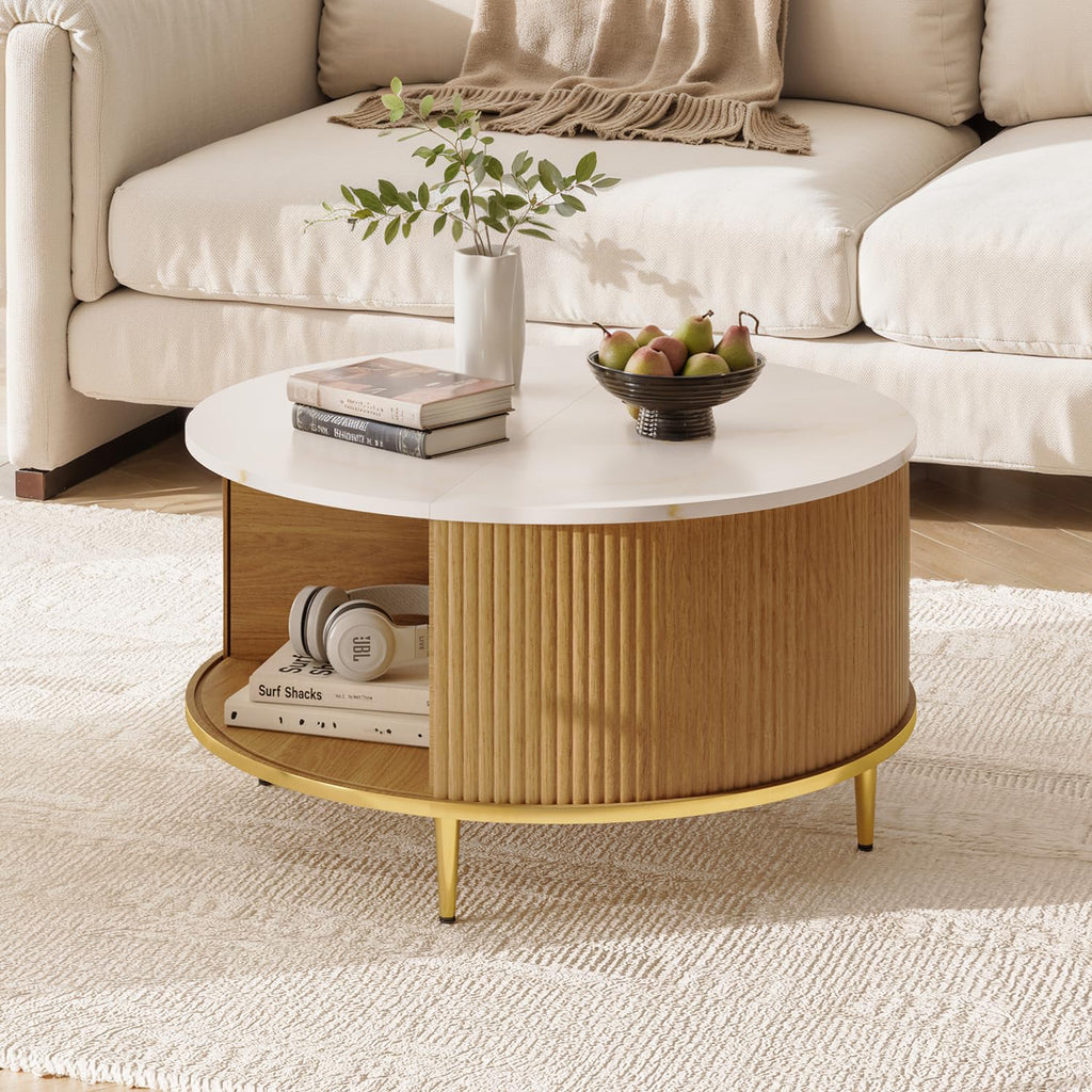 Mid Century Fluted Round Coffee Table, Oak