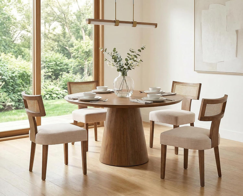 Rattan Dining Chairs Set of 4, Mid Century Modern Dining Chair Upholstered Linen Fabric Kitchen Side Chair, Modern