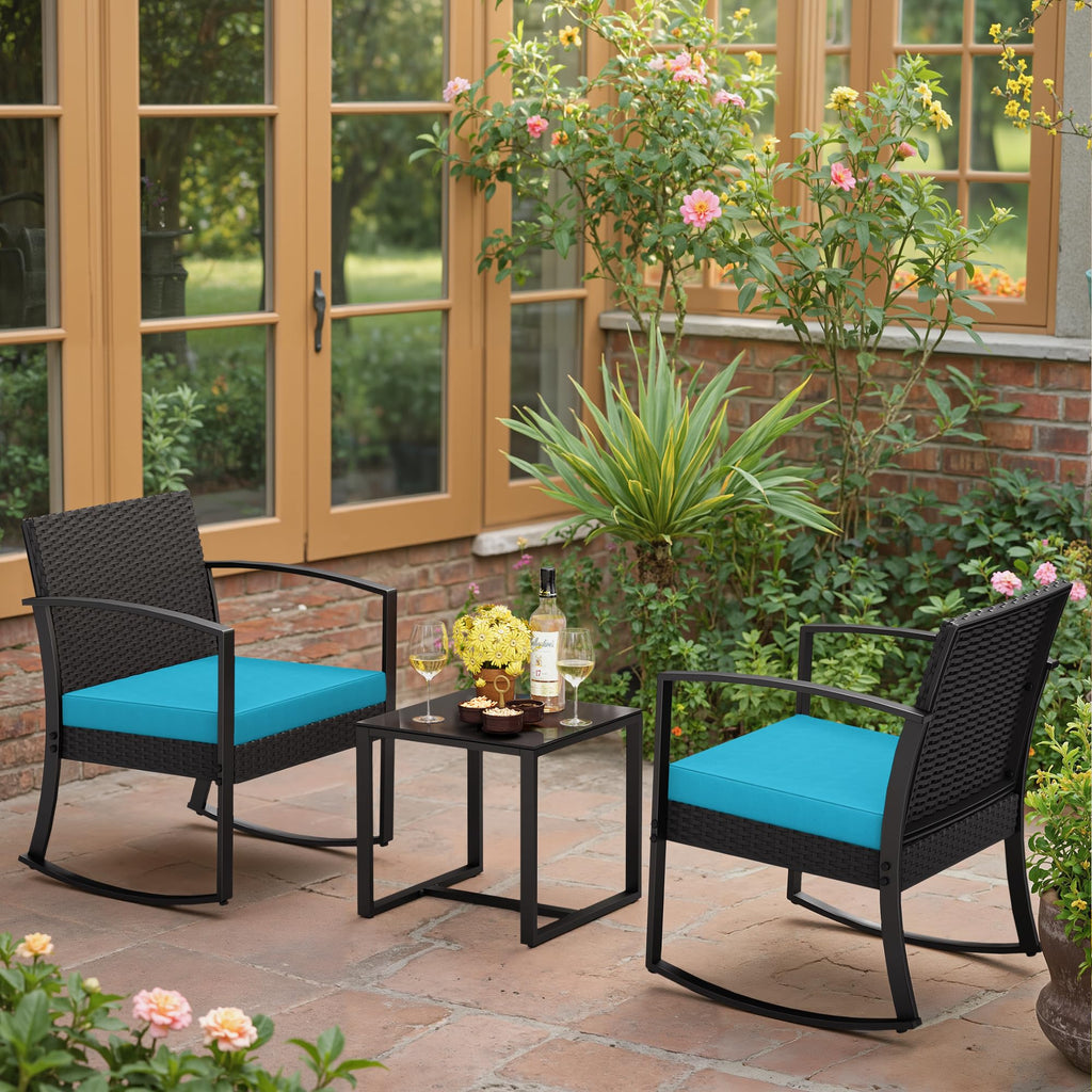 3 Piece Patio Furniture Set, All-Weather Imitation Rattan Conversation Set, Outdoor Rocking Chair Bistro Set with