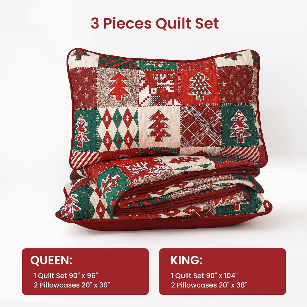 Christmas Quilt King Size, 3 Pcs Red Bedspread Bedding Set