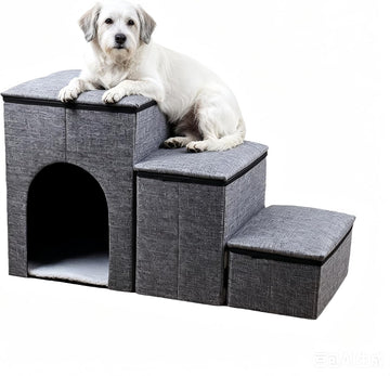 Foldable 3-Step Pet Stairs with Storage & Cat House, Non-Slip Dog Steps Ramp, Sturdy Pet Ladder for Couch, Bed, Ideal