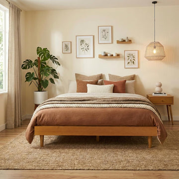 Fly Wooden Bed Frame Without Headboard, Solid Oak and Rubber Wood Foundation with Silent Slats and Wood Central