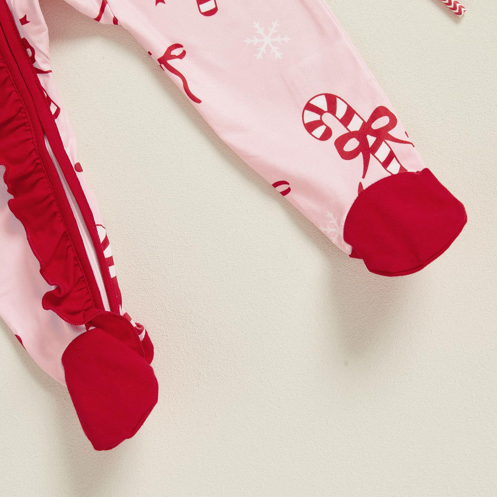 My First Christmas Baby Girl Outfit Newborn Bow Footie Jumpsuit Ruffle Zipper Romper Infant Coming Home Xmas Clothes
