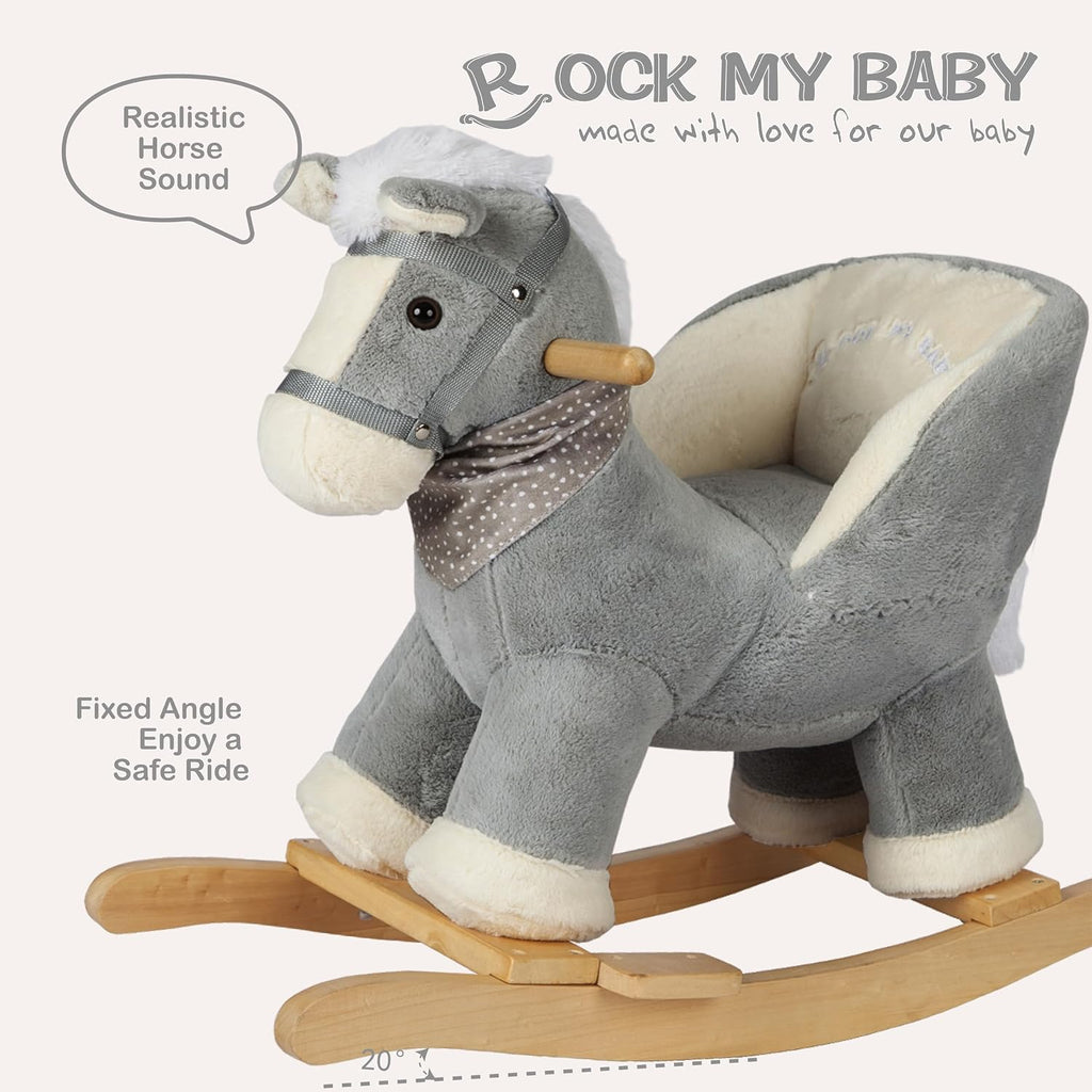 My Baby Rocking Horse with Chair, Plush Stuffed Pony Rocker for Toddlers 1-3, Baby Rocker with Sweet Music, Wooden