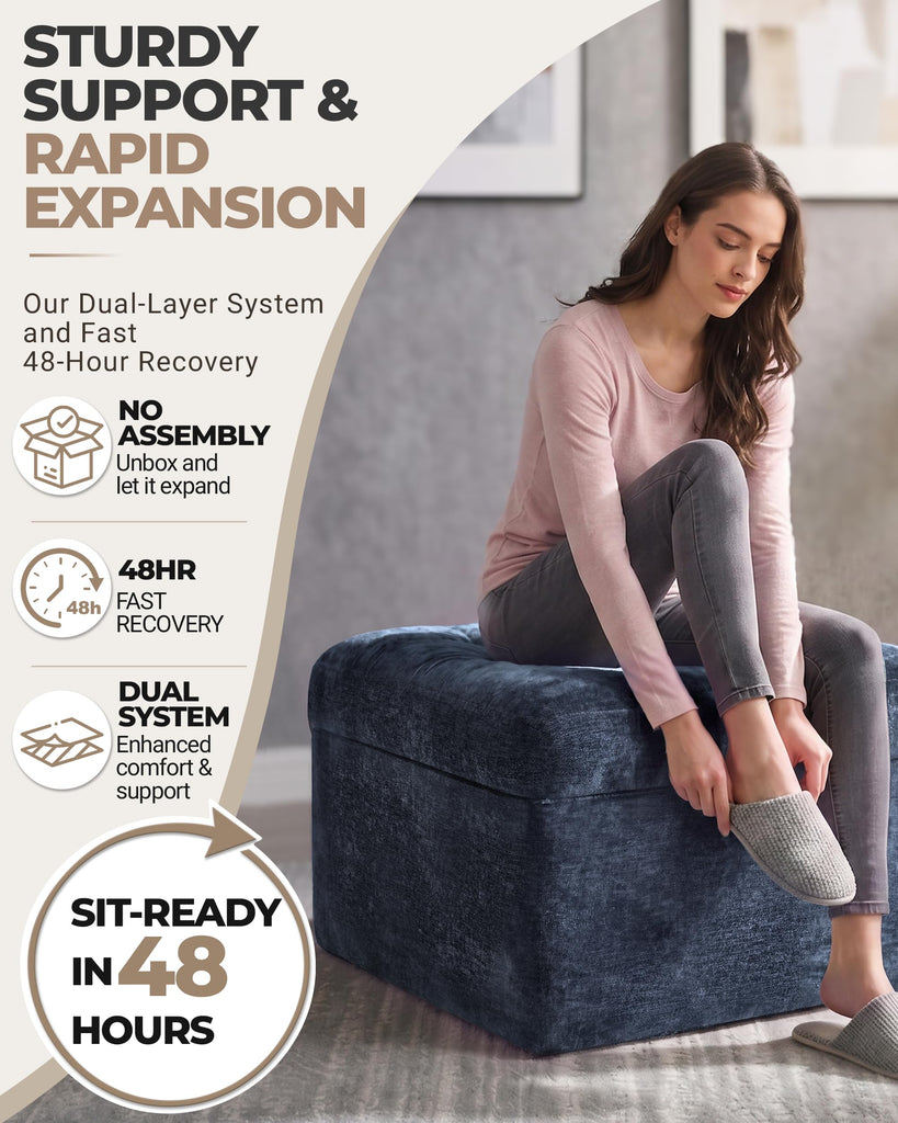 23.6in Pouf Ottoman, Chenille Ottoman Foot Rest with Dual‐Layer Support, Large Plush Pouf with Soft Chunk‐Foam Top &