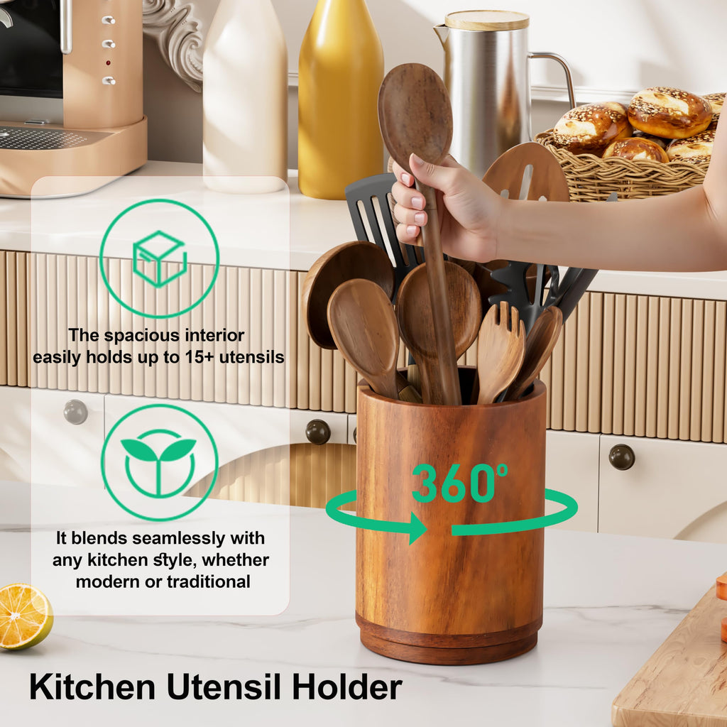 Utensil Holder, 360° Rotating Acacia Wood Kitchen Utensil Holder for Counter, 7.2" Large Cooking Utensil Crock