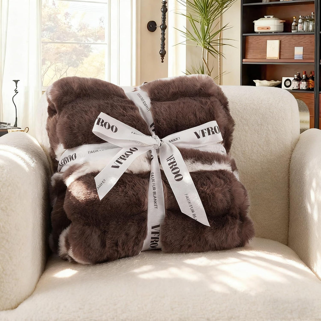 Faux Rabbit Fur Throw Blanket, Plush Fuzzy Blanket, 60" × 80", Brown | 850GSM Thick Warm Fluffy Blanket for Couch