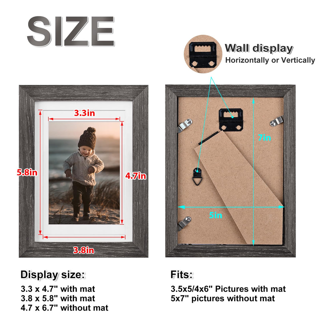 5x7 Picture Frame Ash Black, Solid Wood Frames with Acrylic Plexiglass for 3.5x5/4x6 with Mat or 5x7 without Mat