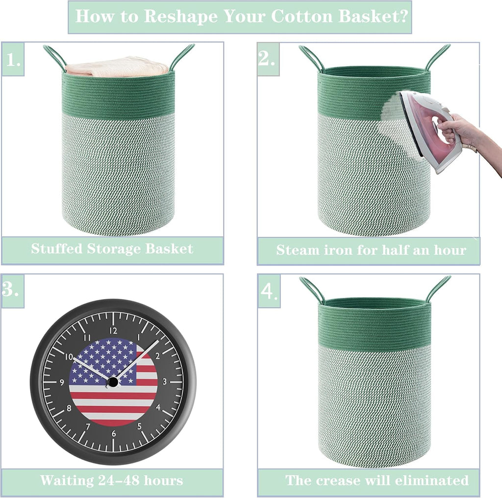 80L Large Green Hamper Tall Woven Laundry Basket | Cotton Rope Clothes Hamper Baby Nursery Hamper Bin for Girls Kids