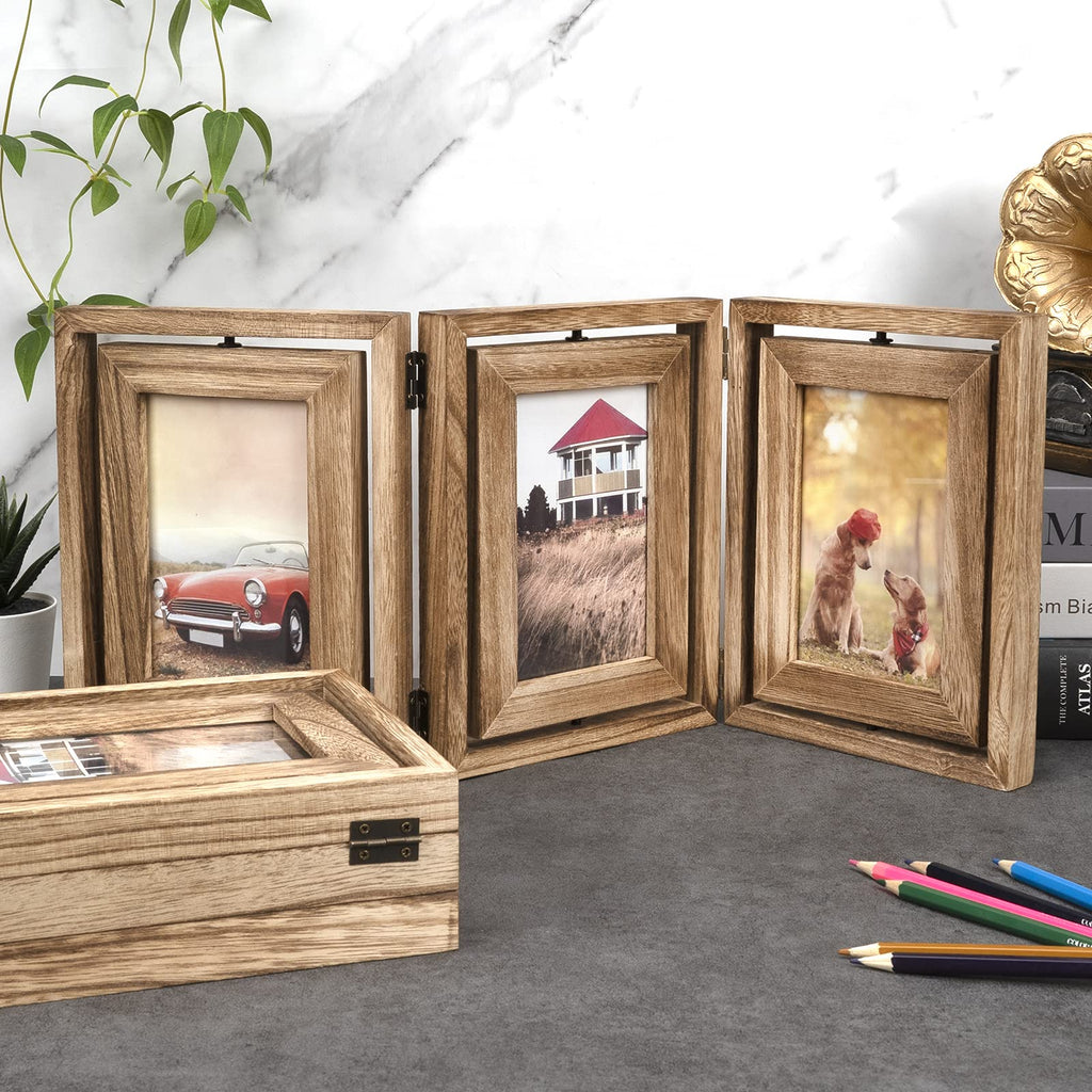4x6 Picture Frame Rustic Wood Hinged Folding Triple Picture Frames Collage, Double-Sided Display Rotatable High