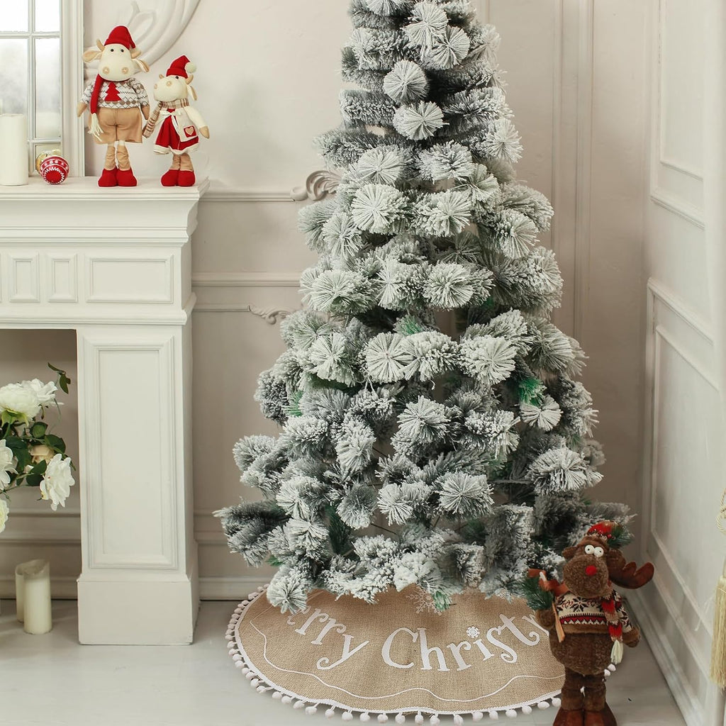Farmhouse Christmas Tree Skirt 48 inches with White Pom Pom