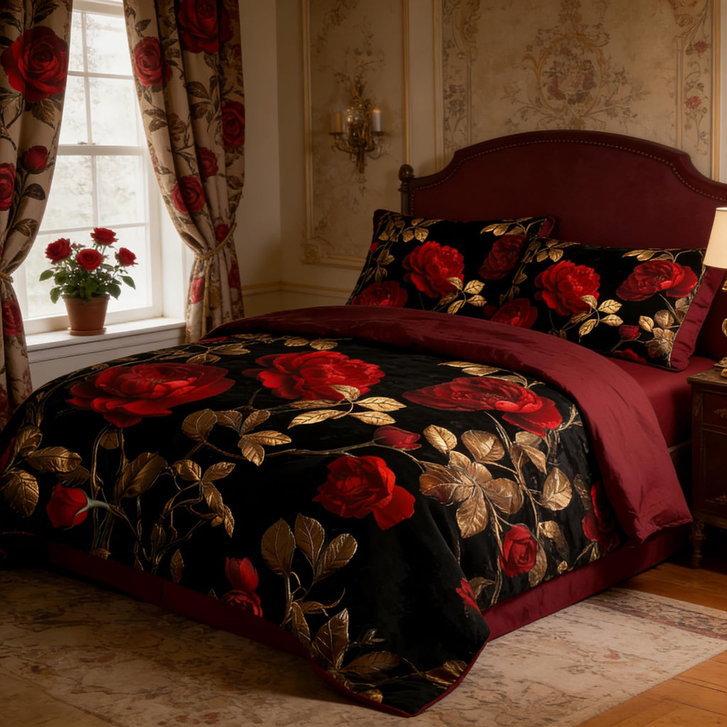 Black Red Rose Comforter Set King, 3Pcs Gothic Floral Bedding