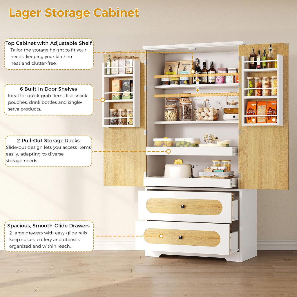 70" Kitchen Pantry Cabinet with Pull-Out Shelves, White | Pantry Storage Cabinet with 6 Door Organizers, 2 Drawers