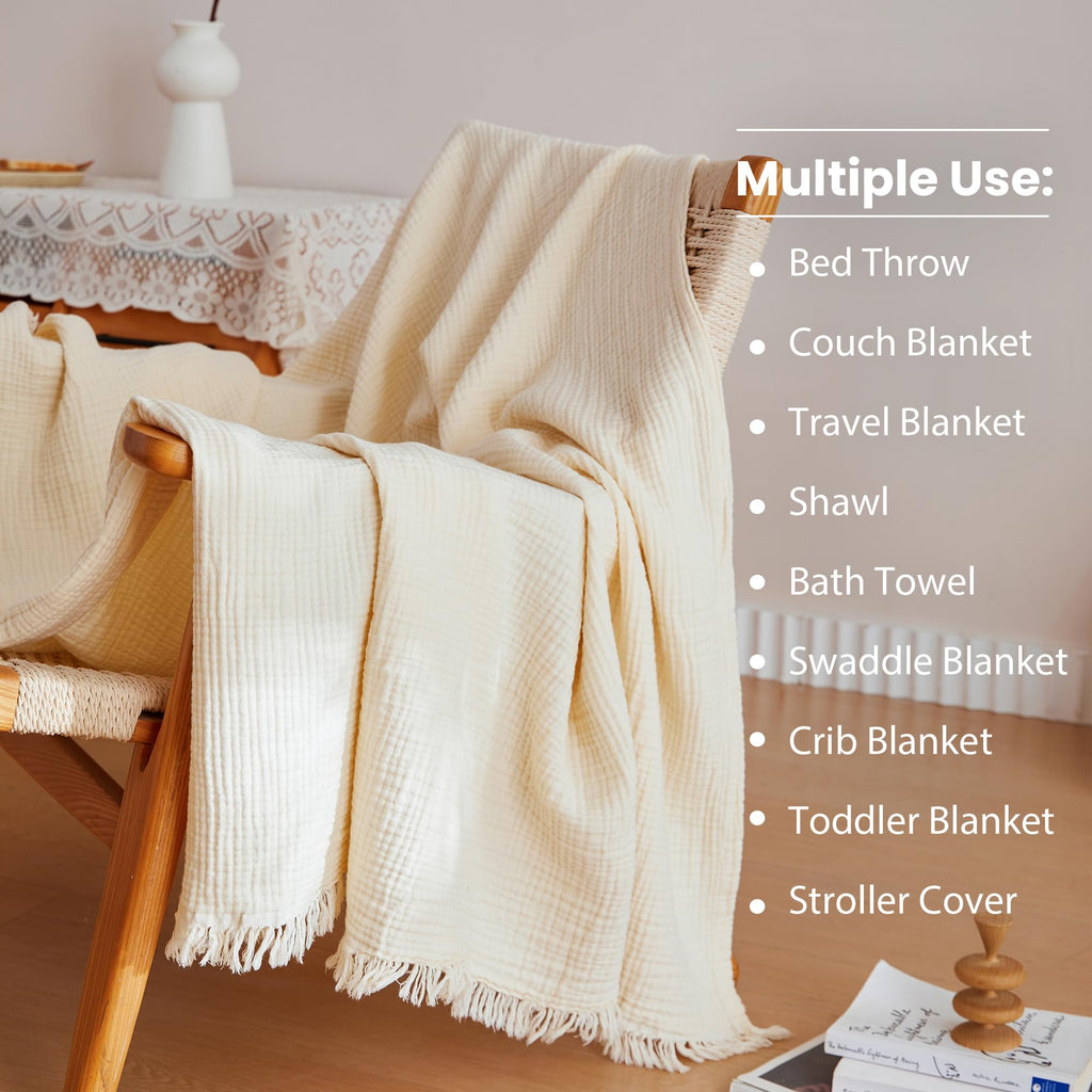 Cotton Muslin Throw Blanket 4 Layers for Bed, Couch, Woven Gauze Blanket with Tassels, Soft Lightweight Cozy