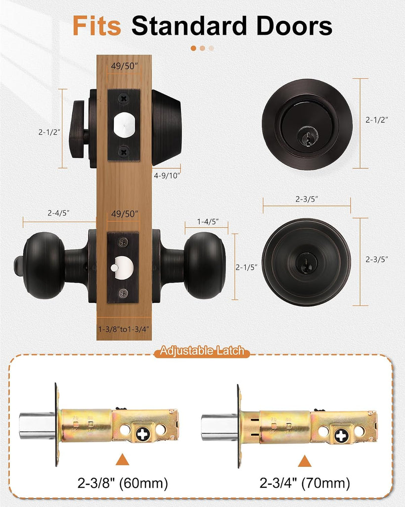 Keyed Alike Entry Door Knob and Single Cylinder Deadbolt Lockset, Front Door Knob with Key and Deadbolt, Oil Rubbed