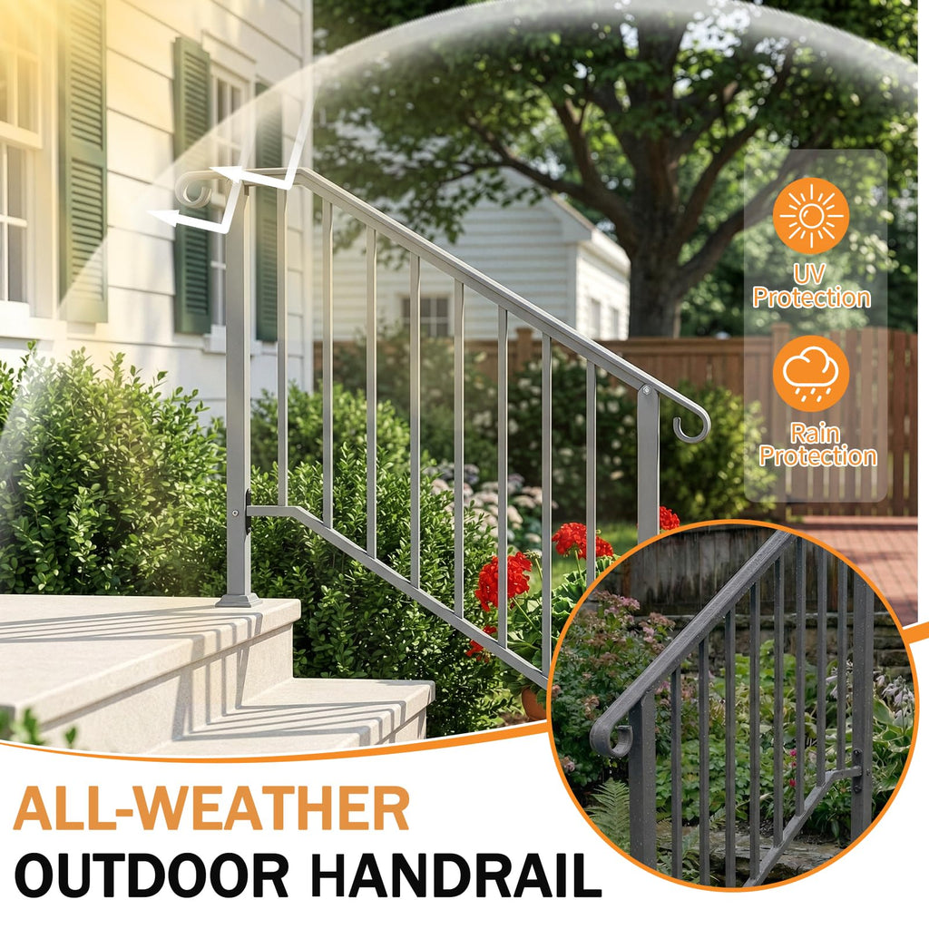 Handrails for Outdoor Steps, Stair Handrail Fits 1 to 5 Steps, Wrought Iron Hand Rail Stair Railing Kit for